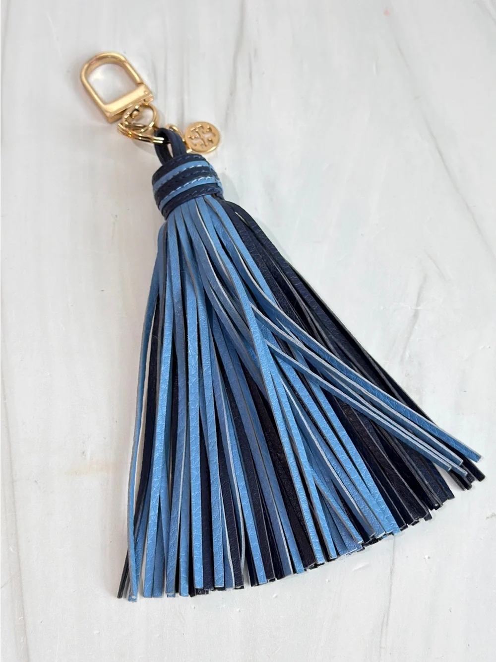 TORY BURCH LEATHER TWO TONE BLUE LIGHT BLUE KEY FOB PURSE CHARM TASSEL